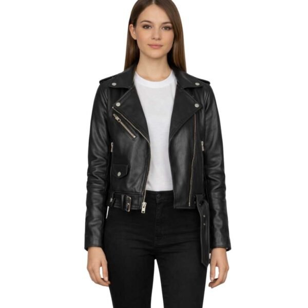 Women's Black Leather Biker Jacket - Eira