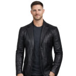 Men's Stylish Black Leather Blazer - Two Button