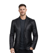 Men's Stylish Black Leather Blazer - Two Button