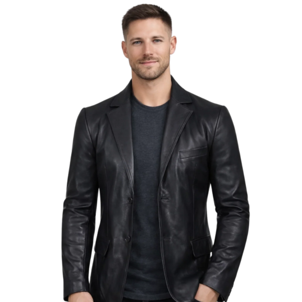 Men's Stylish Black Two-Button Leather Blazer - Bo