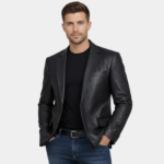 Mens Two Button Black Leather Blazer Jacket