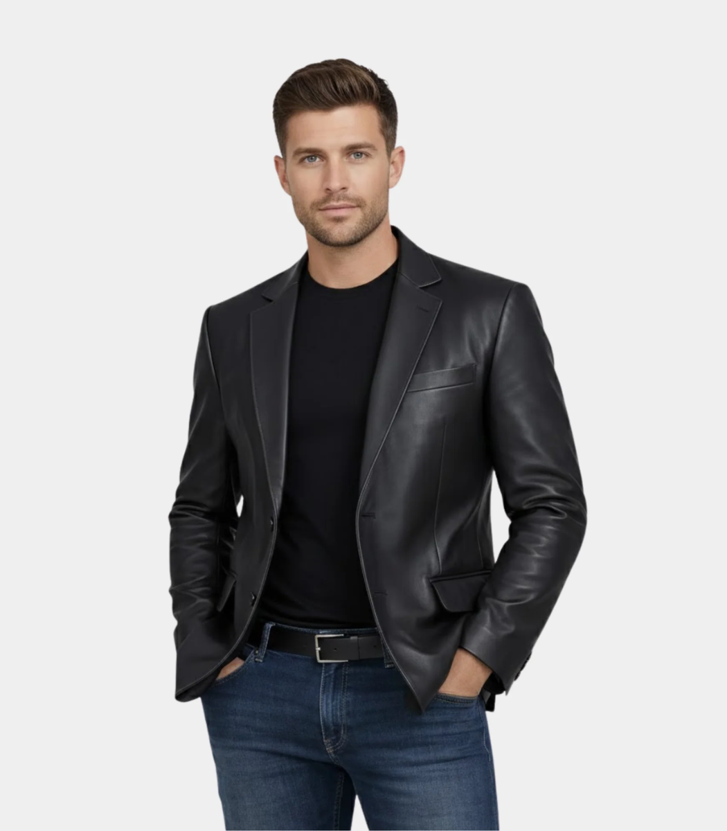 1 Mens Two Button Black Leather Blazer Jacket - Image 1