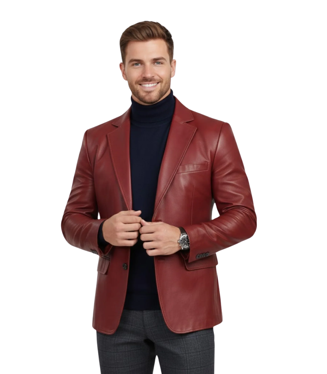 1 Plush Polyester Lining Maroon Leather Blazer - Image 1