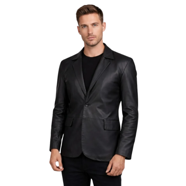 Men's Black Polyester-Lined Leather Blazer - Orvar