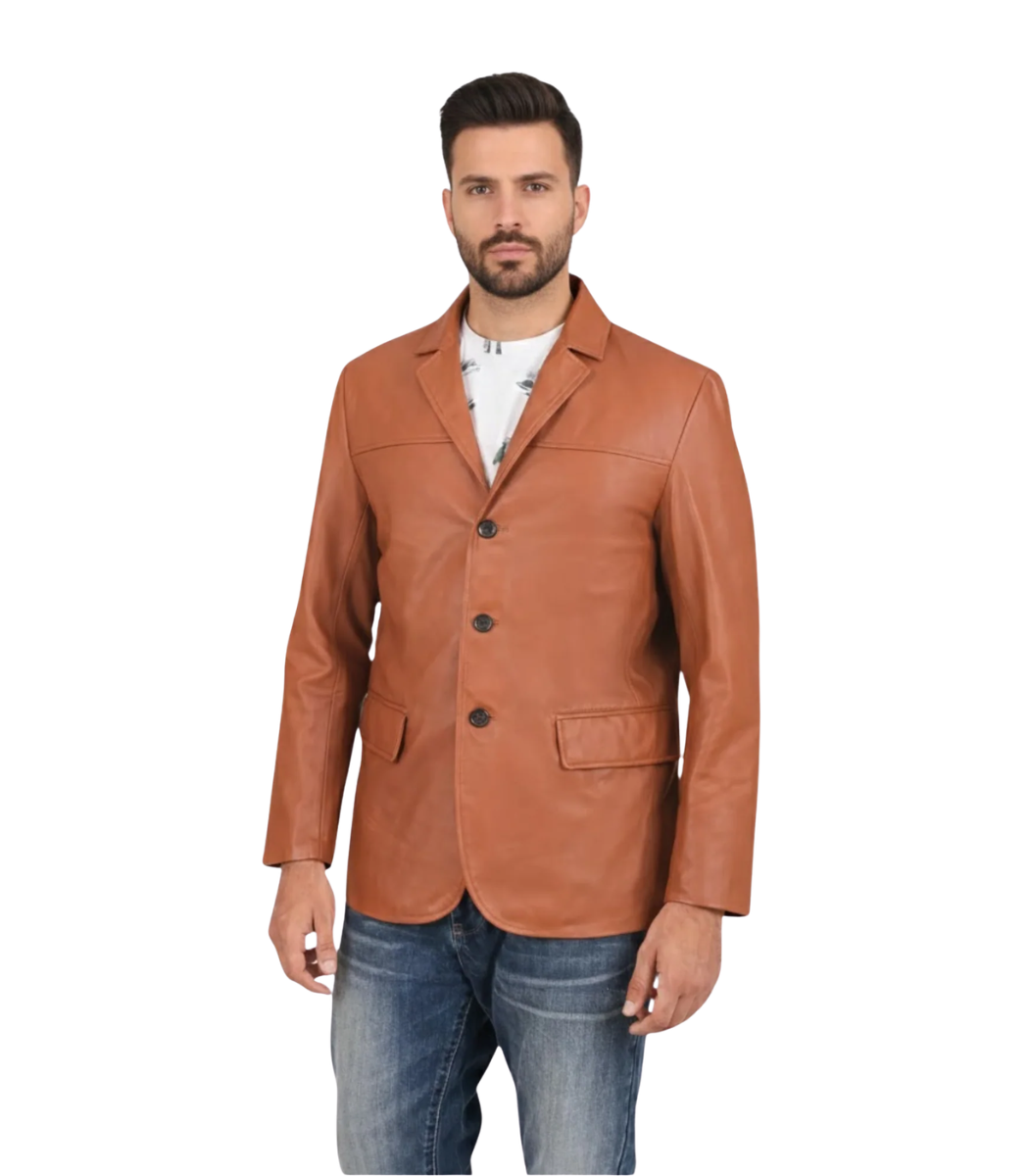 1 Men's Tan Brown Leather Blazer – Birger - Image 1