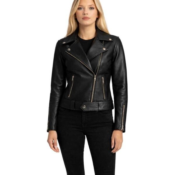 Women's Black Leather Biker Jacket - Helga