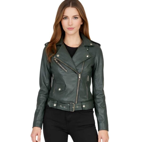 Women's Green Leather Biker Jacket - Eira