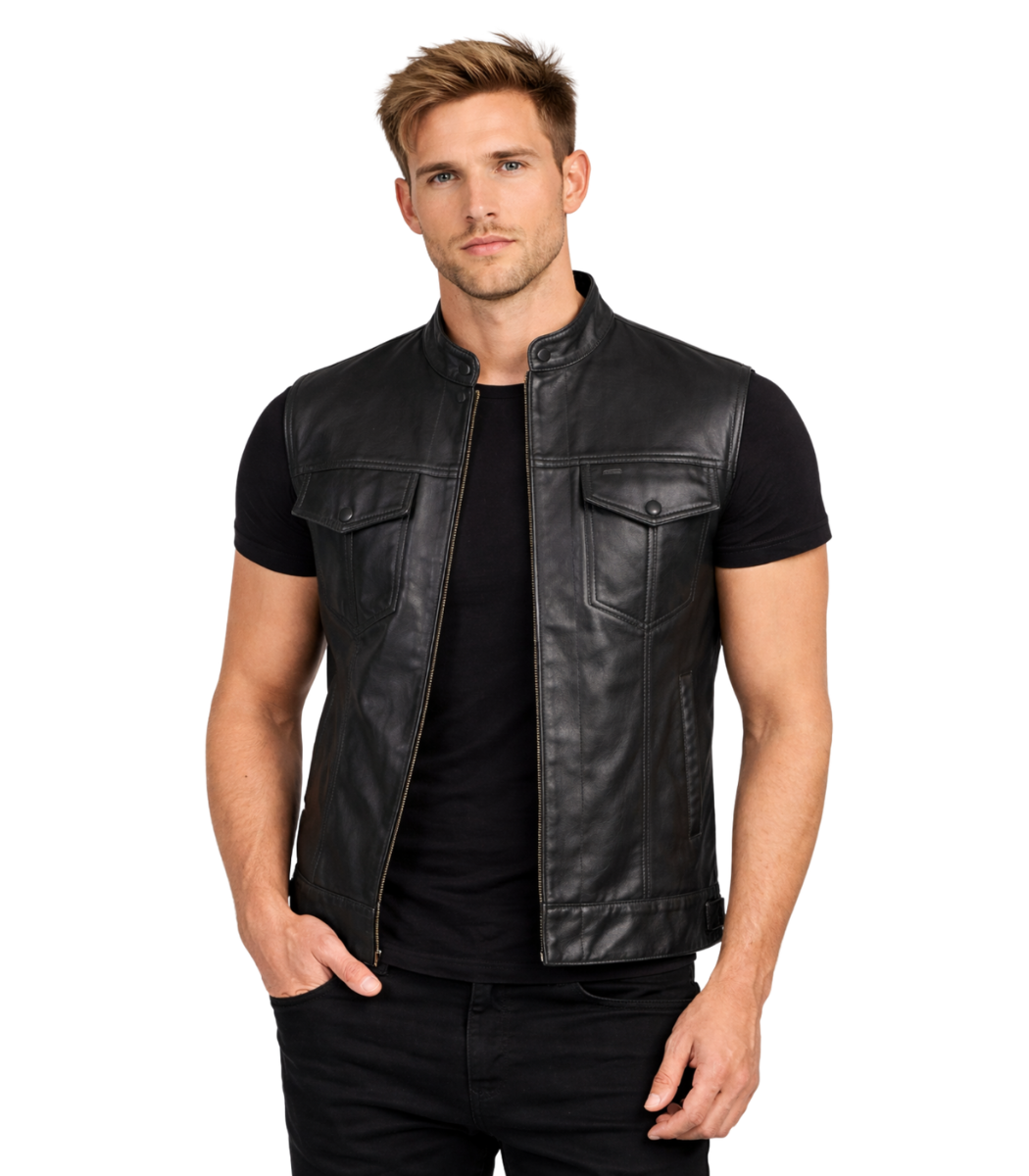 1 Atlas Moto Black Leather Vest - Image 1