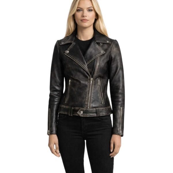 Women's Distressed Brown Leather Biker Jacket - Helga
