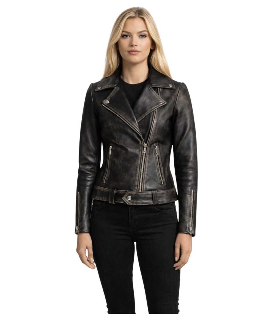 Rumy Distressed Brown Leather Biker Jacket