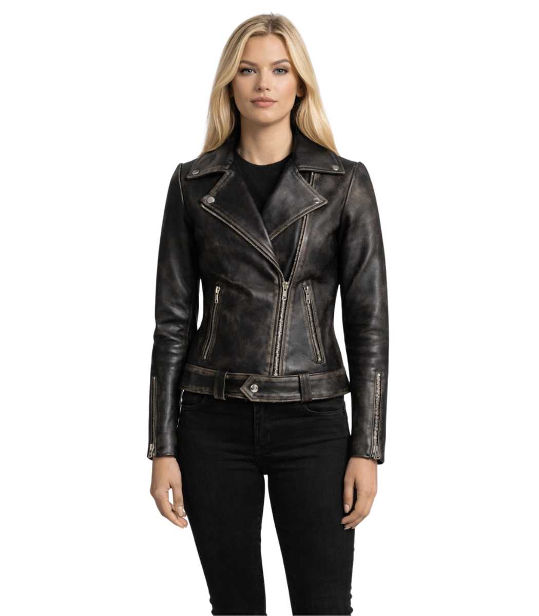 Rumy Distressed Brown Leather Biker Jacket Rumy Distressed Brown Leather Biker Jacket