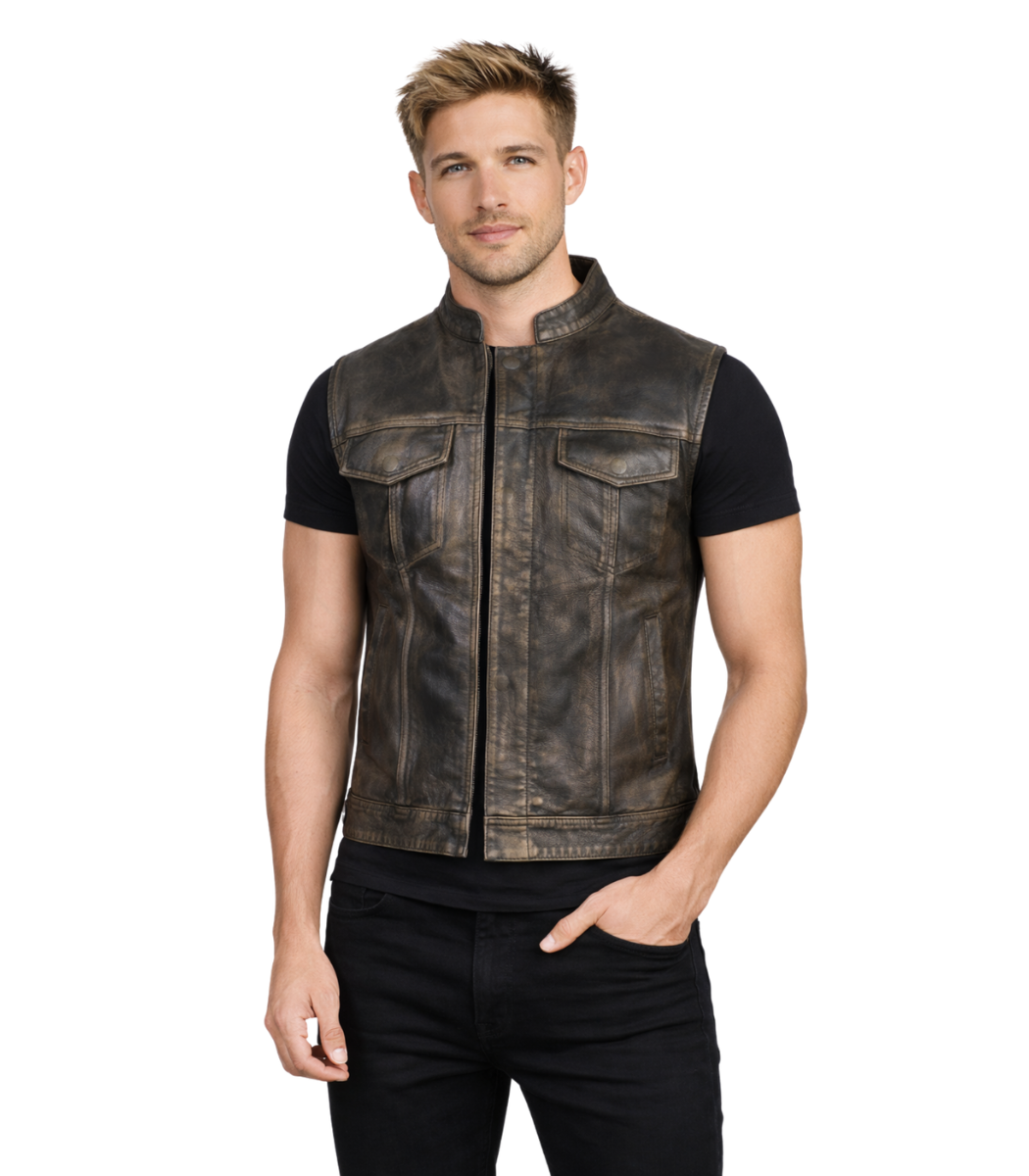 1 Atlas Moto Distressed Brown Leather Vest - Image 1
