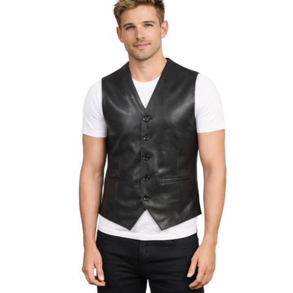 Men's Black Leather Vest - Alvar
