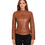 Women Classic Motorcycle Brown Leather Jacket