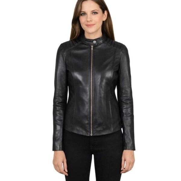 Women's Black Leather Biker Jacket - Hilda