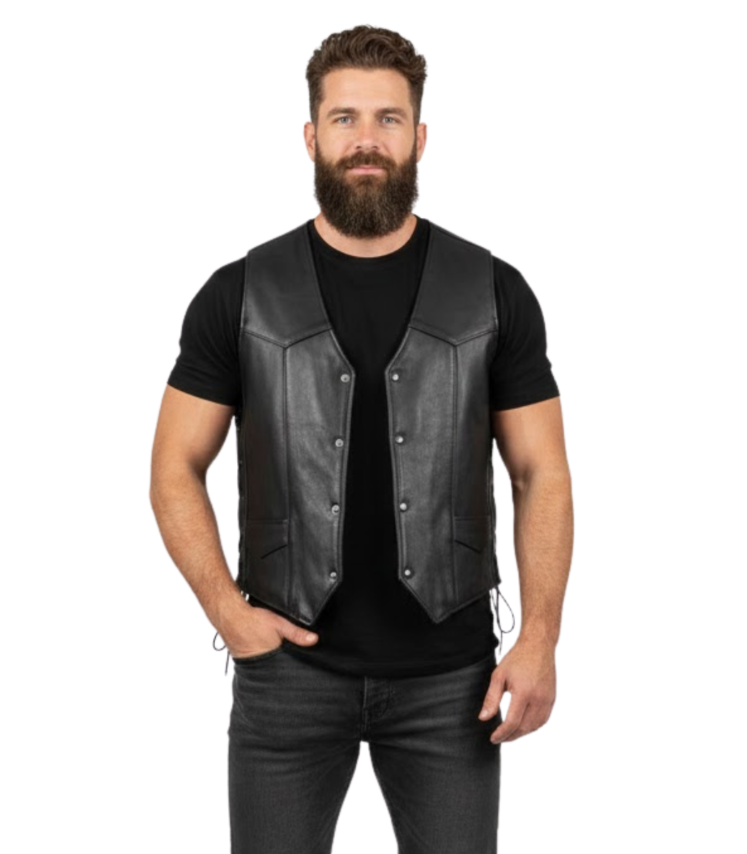 1 Men's Black Side-Lace Motorcycle Leather Vest – Snorre - Image 1