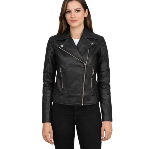 Women's Quilted Black Leather Biker Jacket - Dagny