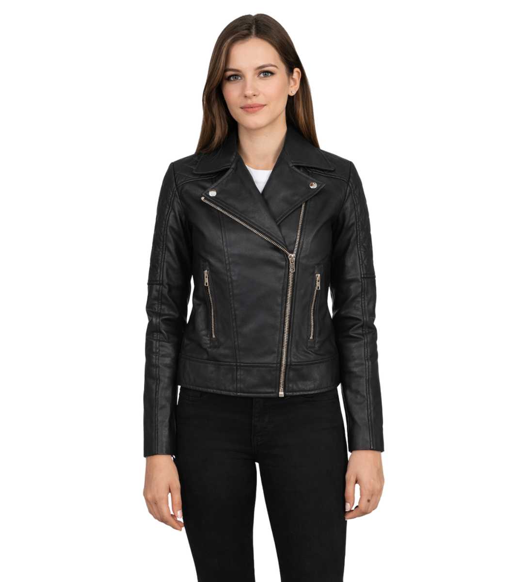 1 Women's Quilted Black Leather Biker Jacket – Dagny - Image 1