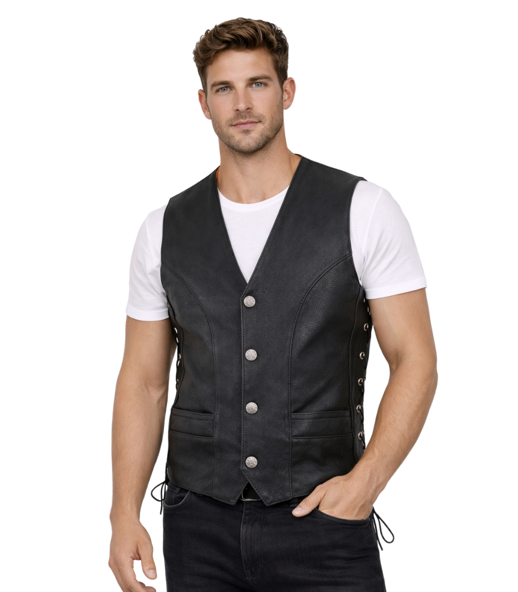 1 Men's Black Buffalo-Nickel Closure Motorcycle Rider Vest – Atle - Image 1