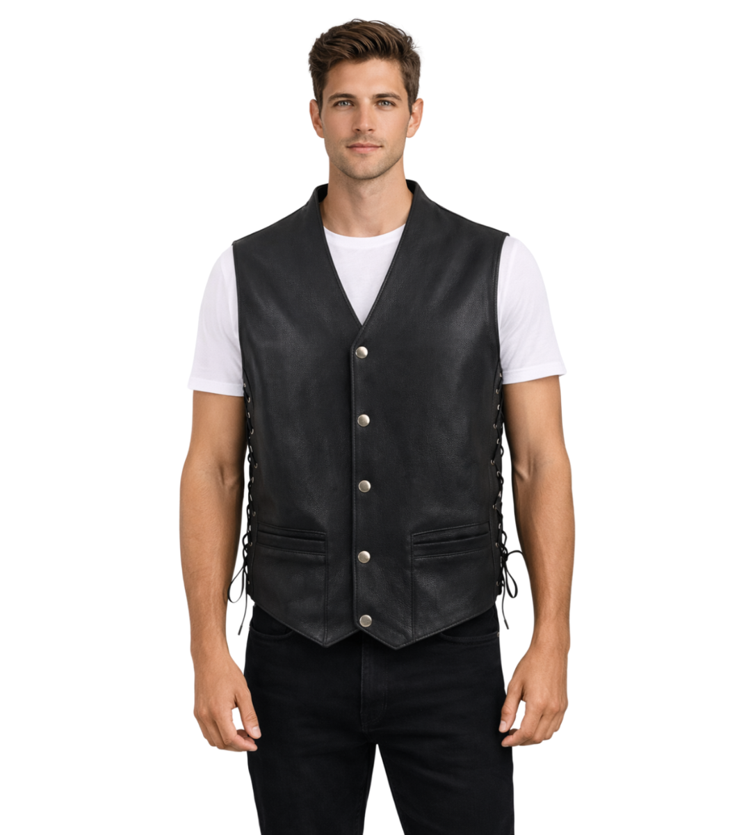 1 Men's Black Steerhide Motorcycle Leather Vest – Amund - Image 1