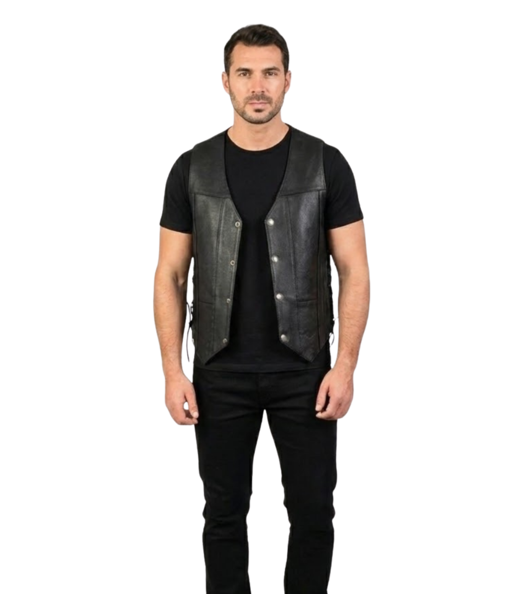 1 Men's Classic V-Neck Black Motorcycle Leather Vest – Odd - Image 1