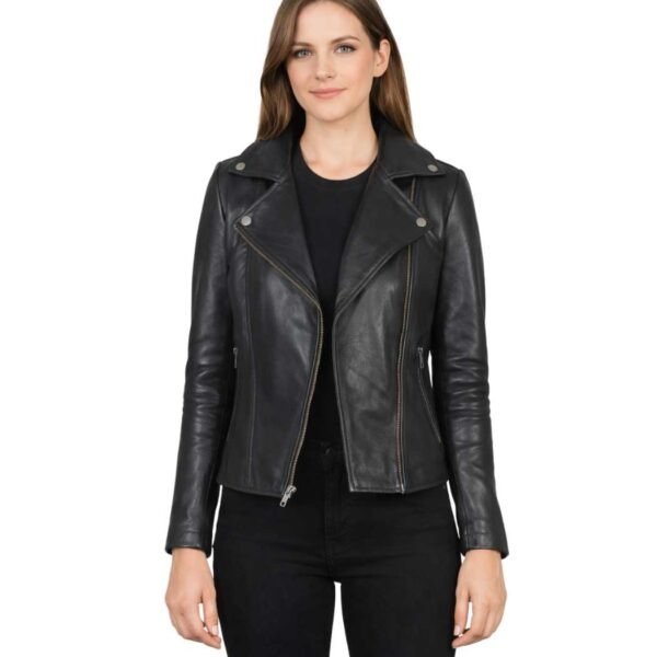 Women's Black Leather Biker Jacket - Greta