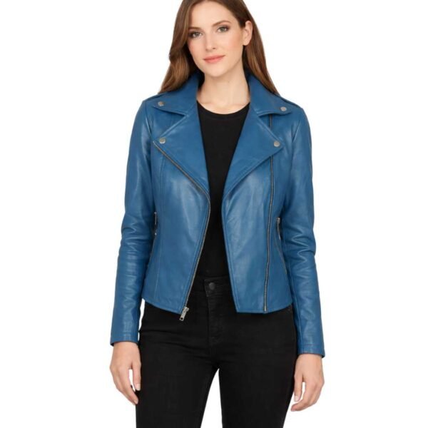 Women's Blue Leather Biker Jacket - Greta