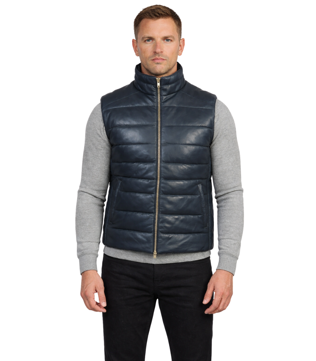 1 Men's Blue Leather Puffer Vest – Ingmar - Image 1