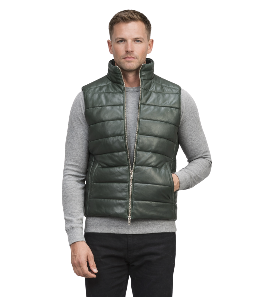 1 Reeves Green Leather Puffer Vest - Image 1
