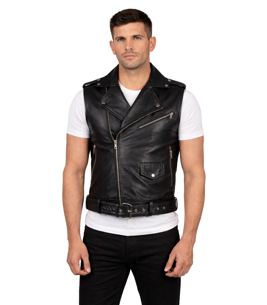 1 Sullivan Black Leather Biker Vest - Image 1
