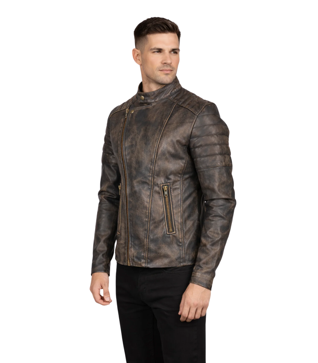1 Faisor Distressed Brown Leather Biker Jacket - Image 1