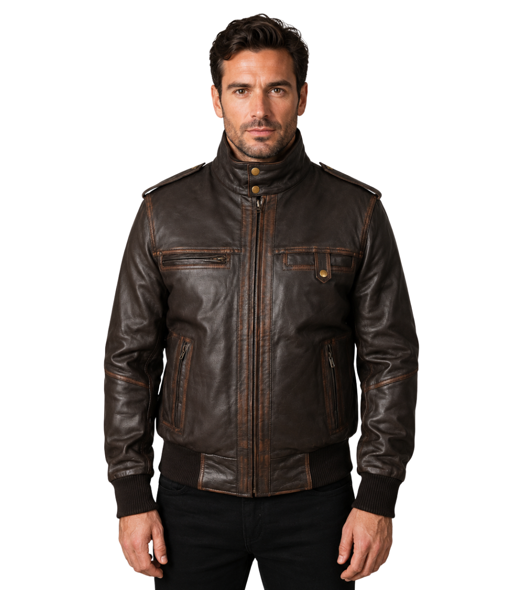 1 Glen Street Brown Leather Bomber Jacket - Image 1