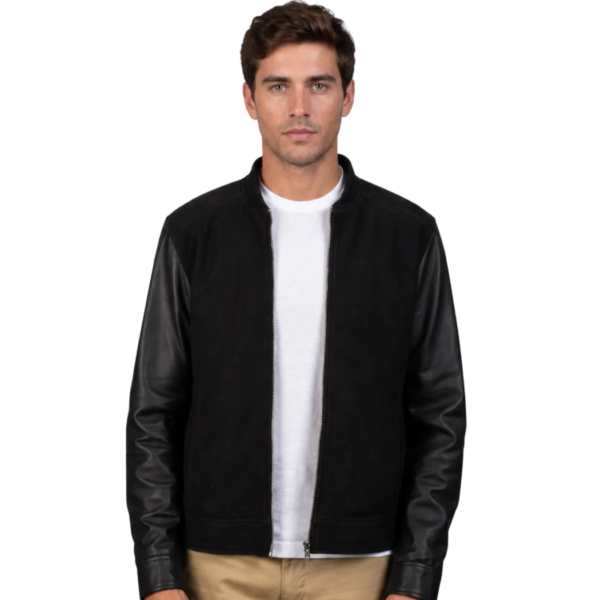 Men's Black Leather & Suede Hybrid Bomber Jacket - Keld
