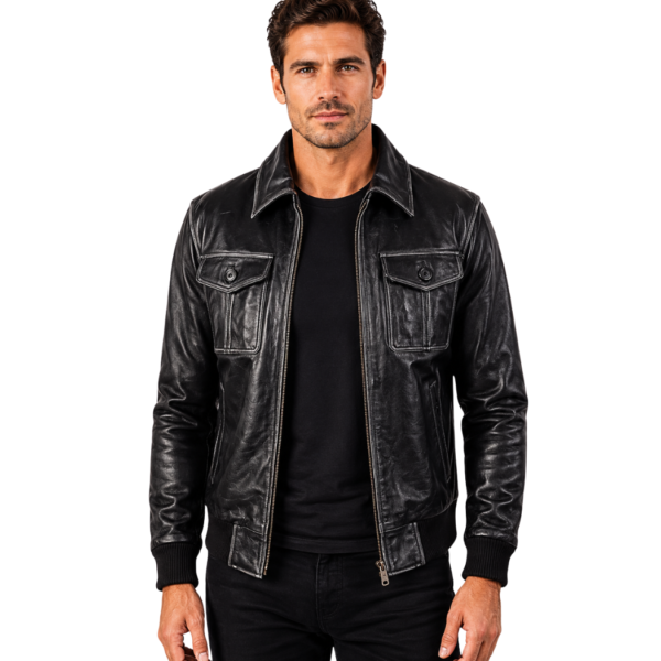 Men's Black Heritage Leather Bomber Jacket - Leif
