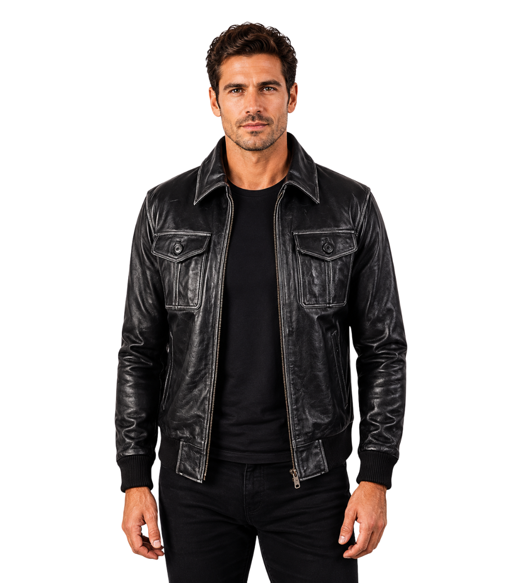 1 Aaron Black Leather Bomber Jacket - Image 1