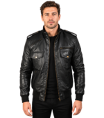 Agent Shadow Black Leather Bomber Jacket