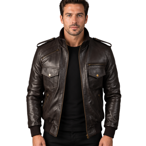 Men's Brown Leather Bomber Jacket - Eirik