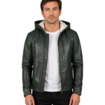 Baston Green Hooded Leather Bomber Jacket