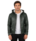 Baston Green Hooded Leather Bomber Jacket