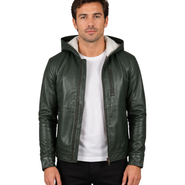 Men's Green Hooded Leather Bomber Jacket - Viggo