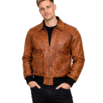 Distressed Bomber Brown Leather Jacket