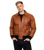 Distressed Bomber Brown Leather Jacket