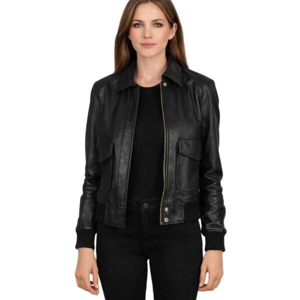 Women's Black A-2 Leather Bomber Jacket - Elin