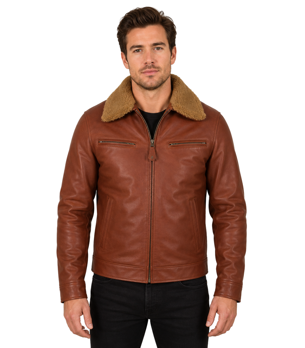 1 Mens Camel Brown Bomber Leather Jacket - Image 1