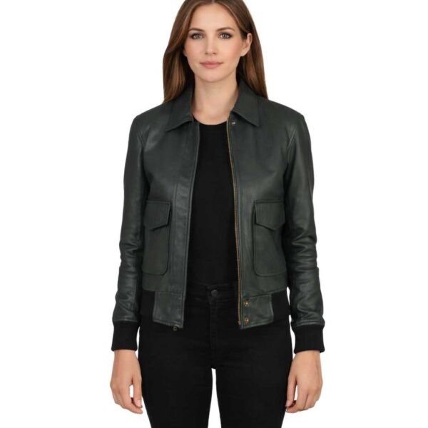 Women's Green A-2 Leather Bomber Jacket - Elin