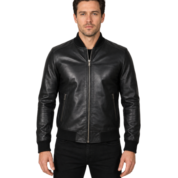 Men's Black Lambskin Leather Bomber Jacket - Nils