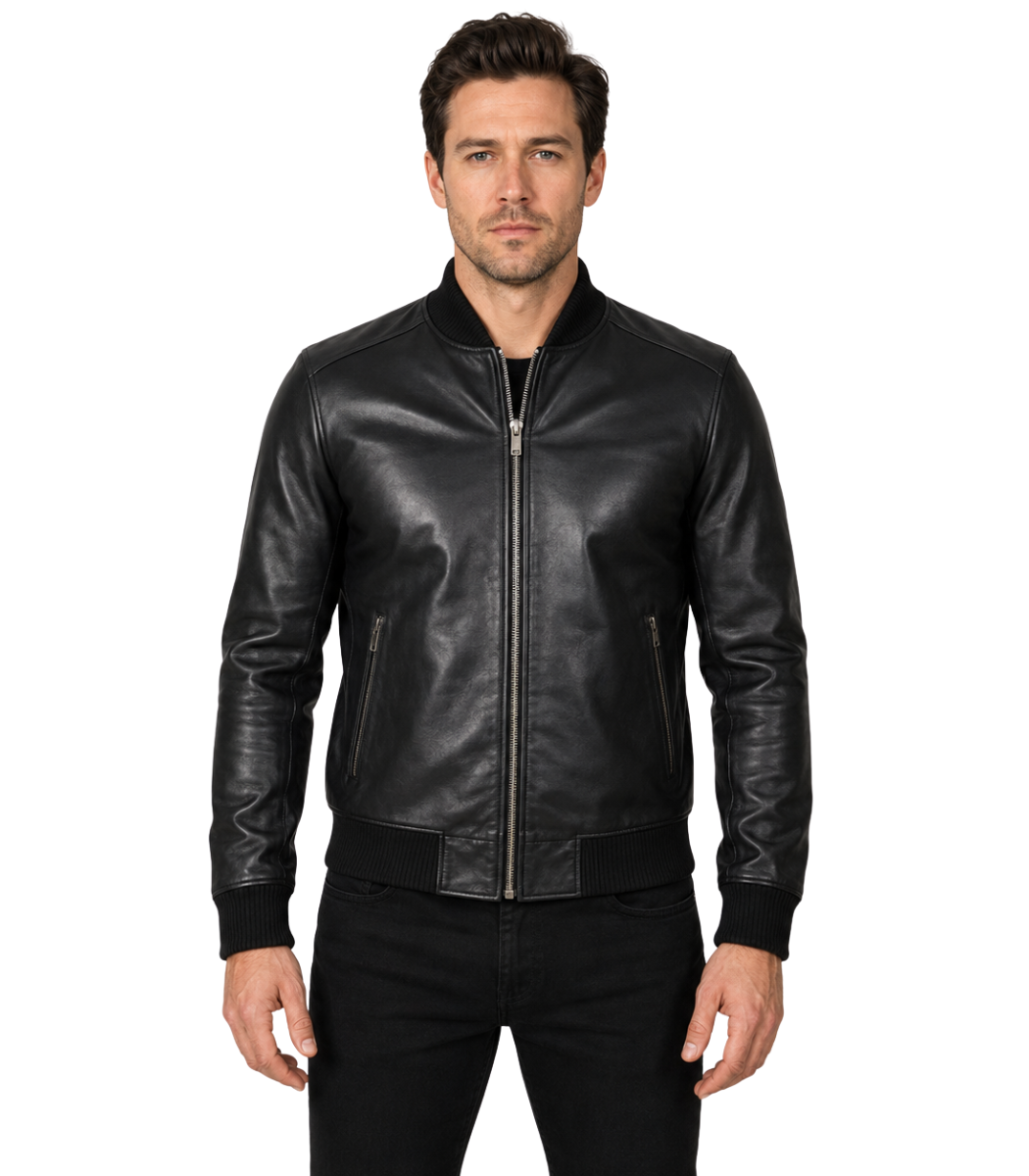 1 Mens Lambskin Black Bomber Jacket - Image 1