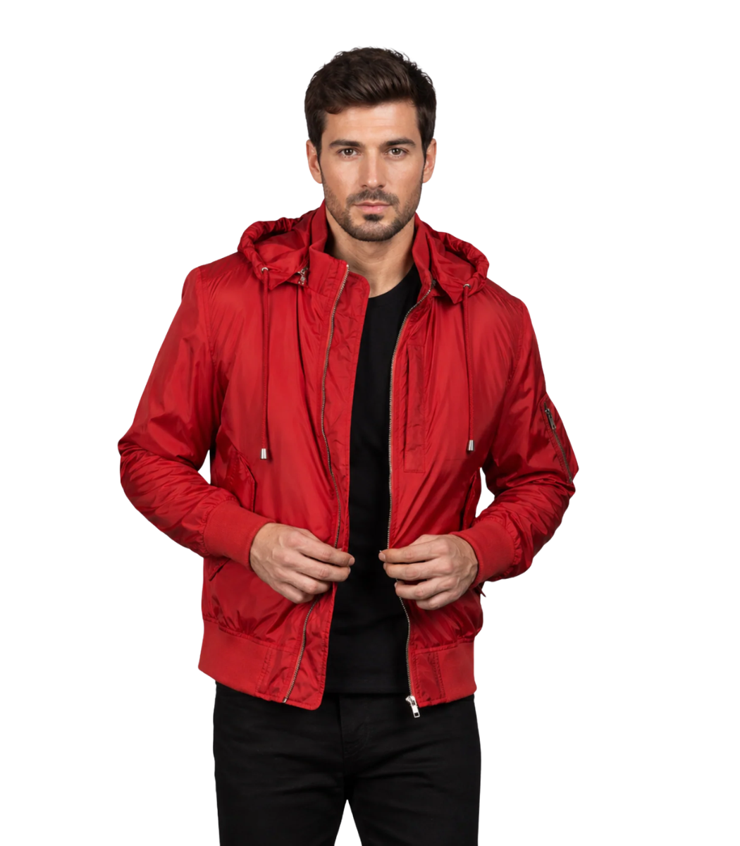 1 Hanklin Ma-1 Red Hooded Bomber Jacket - Image 1