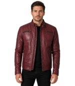 Jade Mens Maroon Zip-Up Bomber Leather Jacket