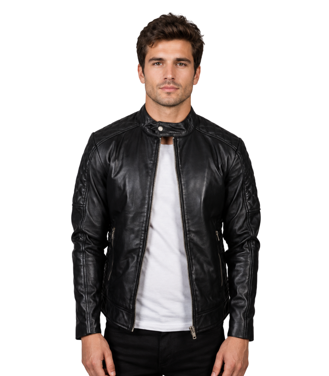1 Fernando Quilted Black Leather Biker Jacket - Image 1